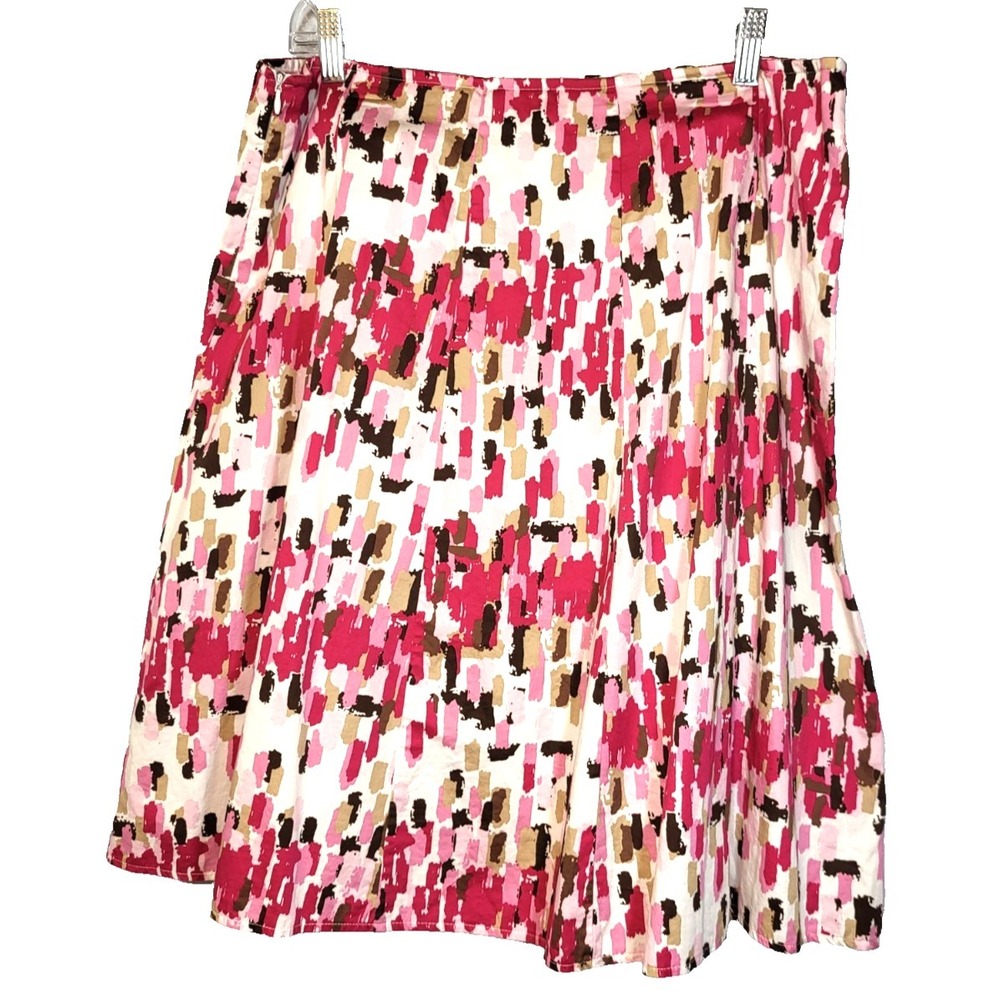 Kim Rogers Full Skirt Paneled Cotton Abstract Midi Skirt Side Zip PXL Pink/Brown